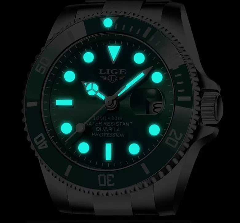 Relógio de aço inoxidável masculino verde LIGE