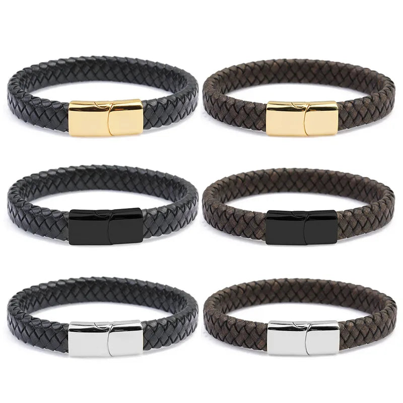 PULSEIRA MASCULINA DE COURO TRANÇADA COM FECHO EM AÇO INOXIDÁVEL