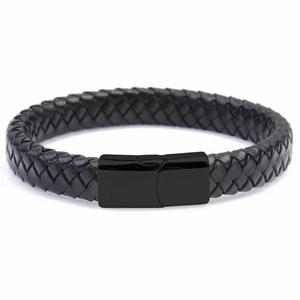 PULSEIRA MASCULINA DE COURO TRANÇADA COM FECHO EM AÇO INOXIDÁVEL