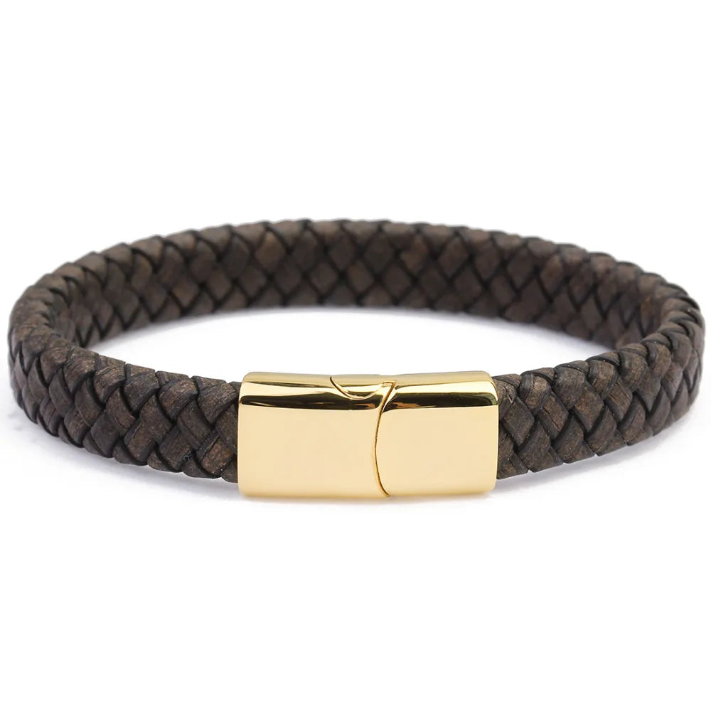 PULSEIRA MASCULINA DE COURO TRANÇADA COM FECHO EM AÇO INOXIDÁVEL