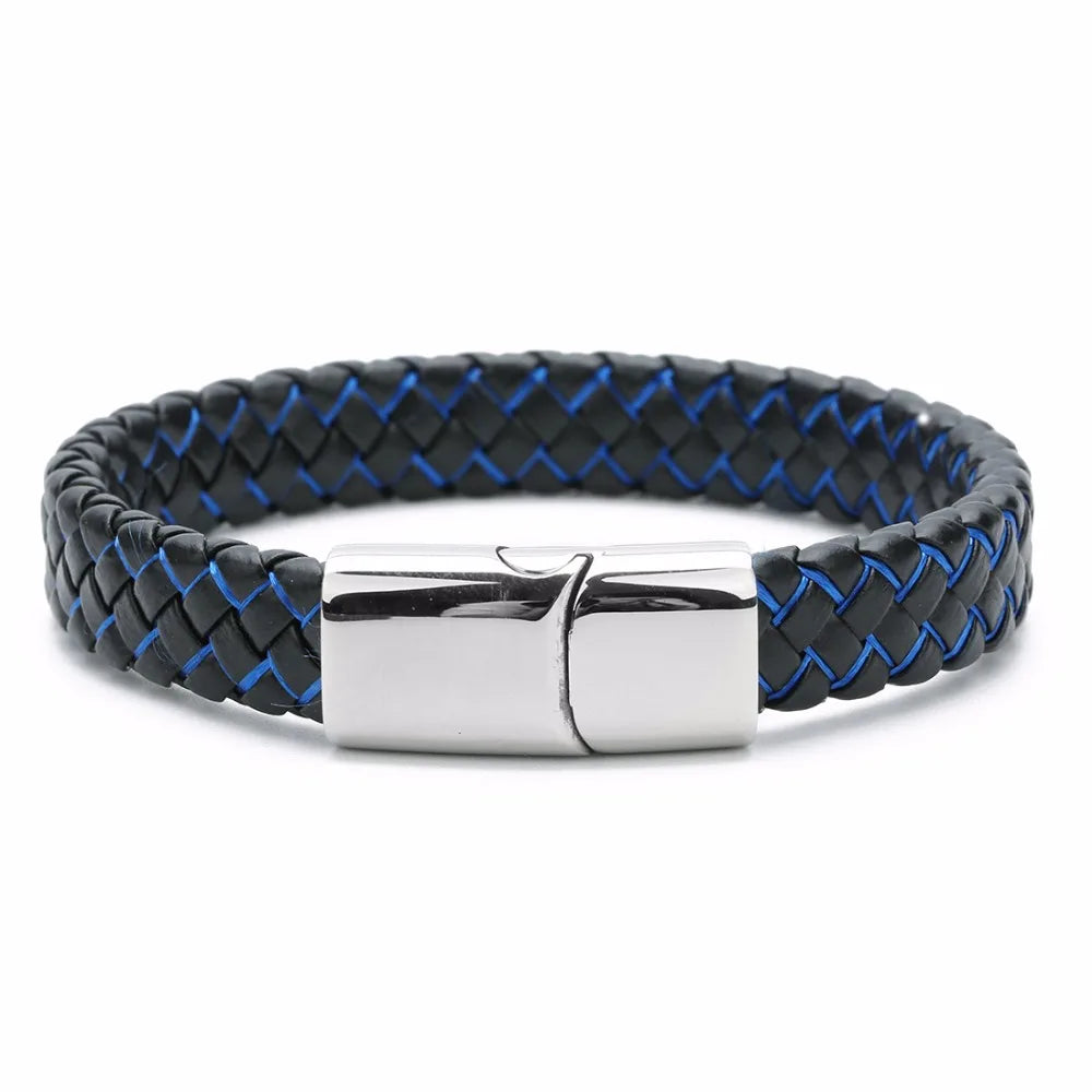 PULSEIRA MASCULINA DE COURO TRANÇADA COM FECHO EM AÇO INOXIDÁVEL