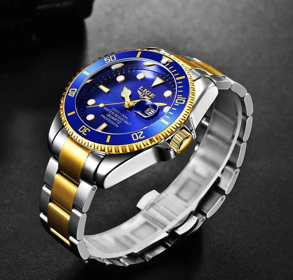 Relógio de aço inoxidável masculino azul LIGE