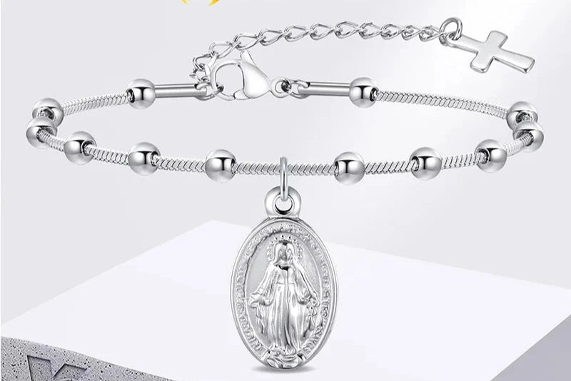 PULSEIRA DE ROSÁRIO VIRGEM MARIA UNISSEX EM AÇO INOXIDÁVEL