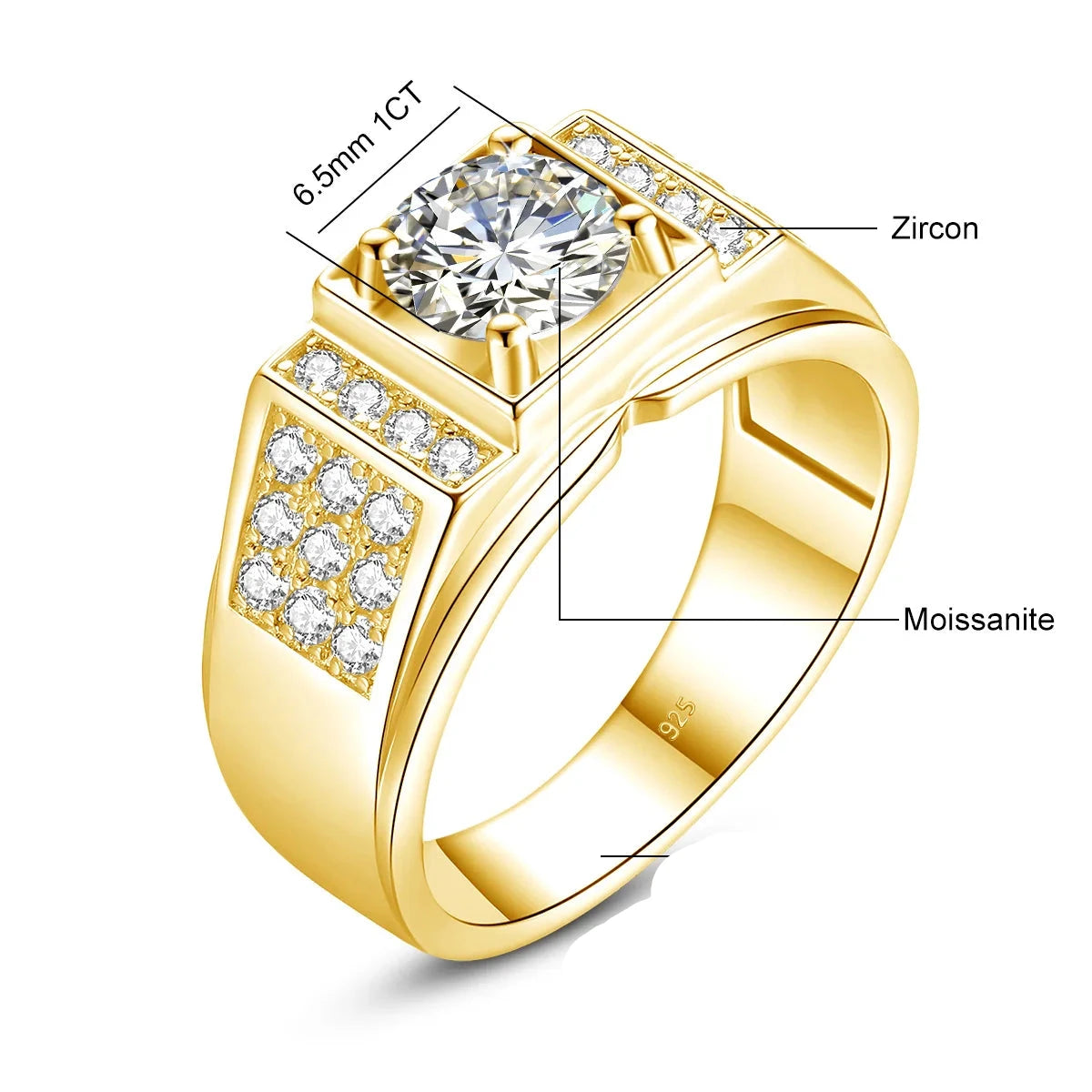 ANEL MASCULINO ZAYON EM PRATA ESTERLINA 925 COM BANHO DE OURO E PEDRA MOISSANITE