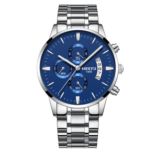 Relógio prata pulseira de aço Unisex Luxo NIBOSI 2309