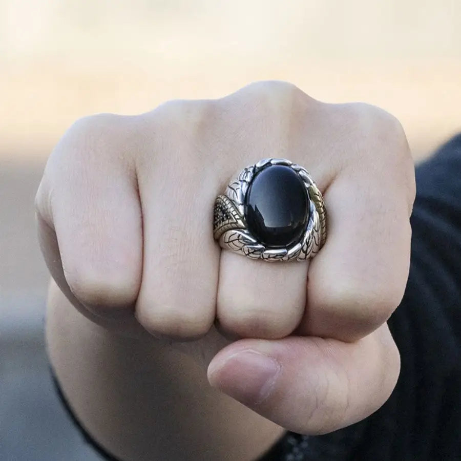 ANEL MASCULINO TURCO EM PRATA ESTERLINA 925 COM PEDRA ÁGATA