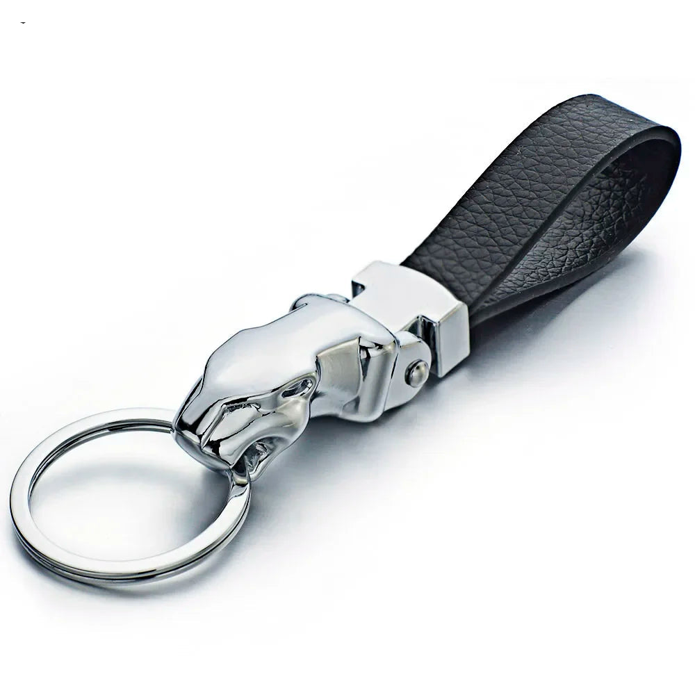 CHAVEIRO DE COURO COM CABEÇA DE LEOPARDO DE METAL