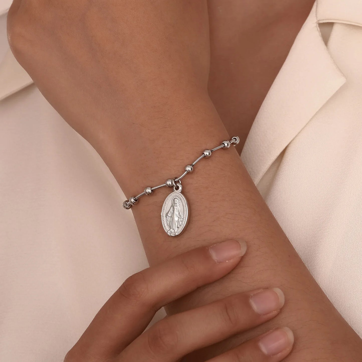 PULSEIRA DE ROSÁRIO VIRGEM MARIA UNISSEX EM AÇO INOXIDÁVEL