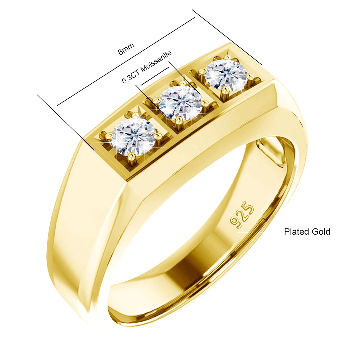 ANEL MASCULINO EM PRATA ESTERLINA 925 COM BANHO DE OURO E PEDRA MOISSANITE