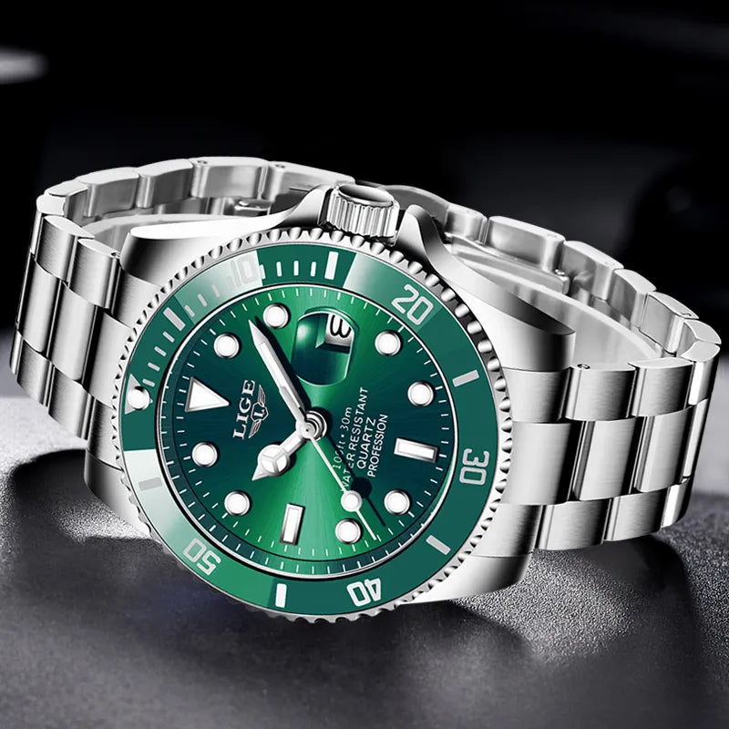 Relógio de aço inoxidável masculino verde LIGE