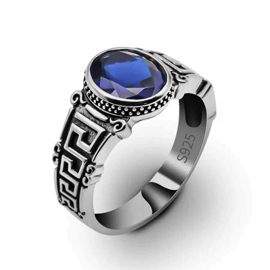 ANEL MASCULINO COM PEDRA DE ZIRCÔNIA CÚBICA AZUL EM PRATA ESTERLINA