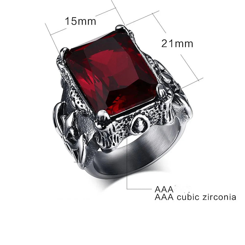 ANEL MASCULINO EM AÇO INOXIDÁVEL TITÂNIO COM PEDRA ZIRCÃO VERMELHO DIAMANTE