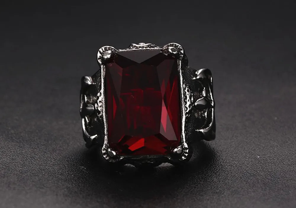 ANEL MASCULINO EM AÇO INOXIDÁVEL TITÂNIO COM PEDRA ZIRCÃO VERMELHO DIAMANTE