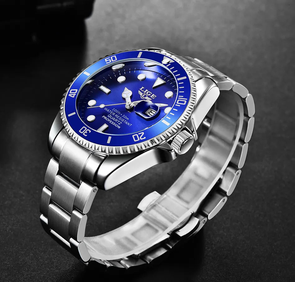 Relógio de aço inoxidável masculino azul LIGE