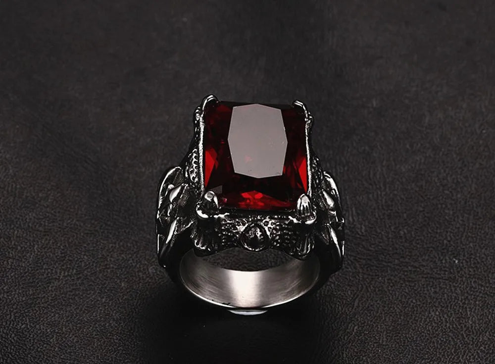 ANEL MASCULINO EM AÇO INOXIDÁVEL TITÂNIO COM PEDRA ZIRCÃO VERMELHO DIAMANTE
