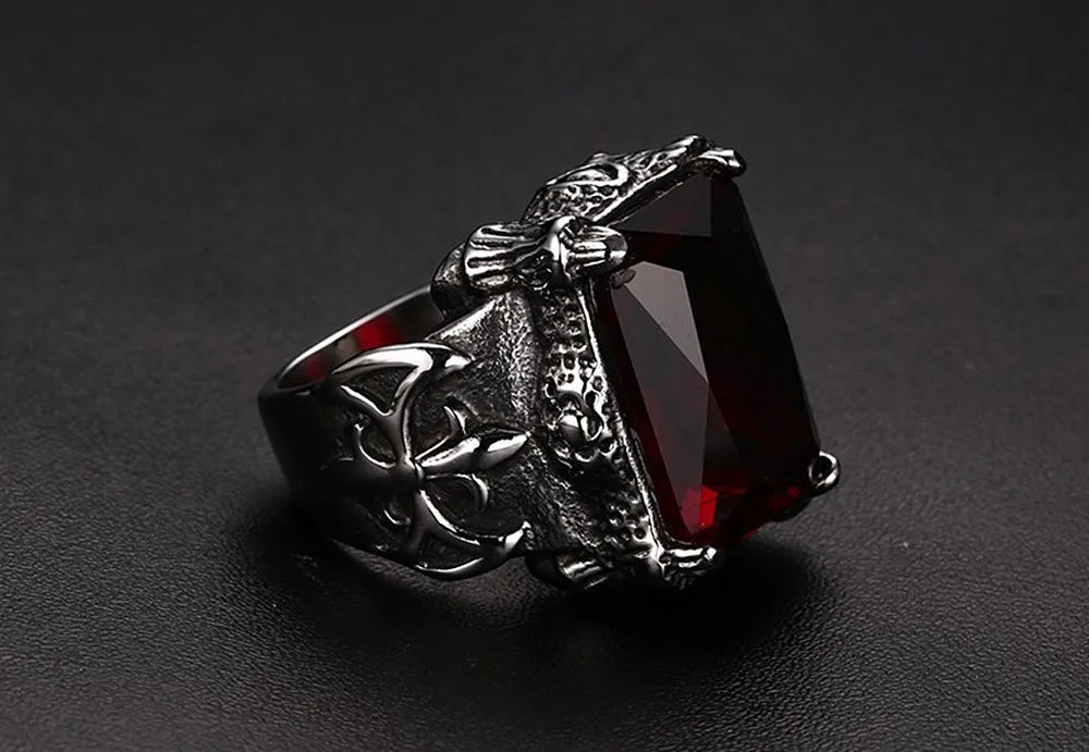 ANEL MASCULINO EM AÇO INOXIDÁVEL TITÂNIO COM PEDRA ZIRCÃO VERMELHO DIAMANTE