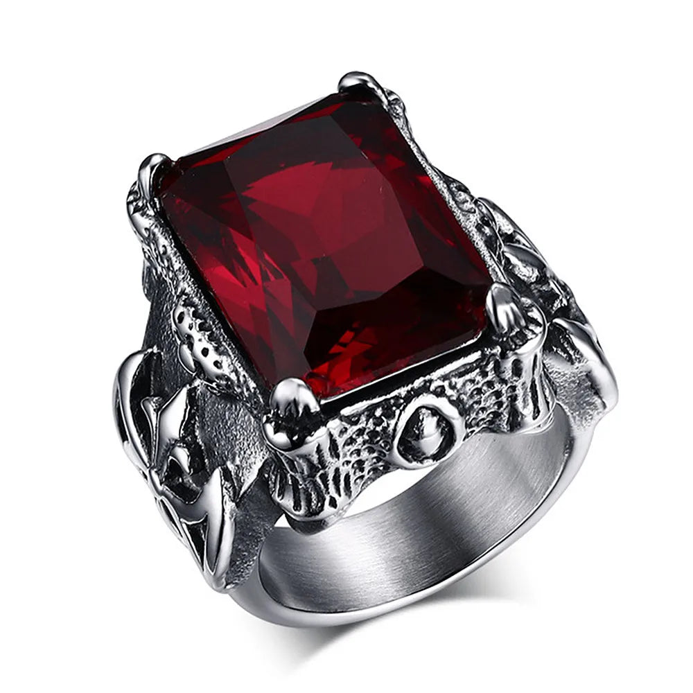 ANEL MASCULINO EM AÇO INOXIDÁVEL TITÂNIO COM PEDRA ZIRCÃO VERMELHO DIAMANTE