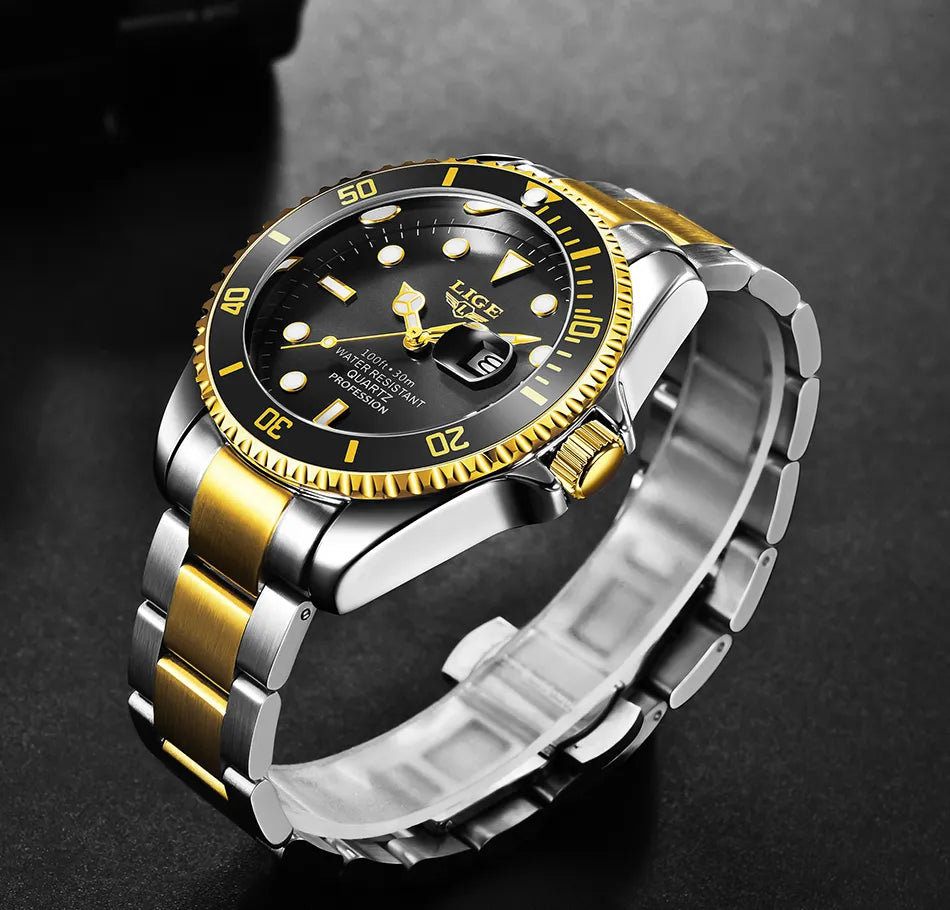 Relógio de aço inoxidável masculino prata dourado LIGE