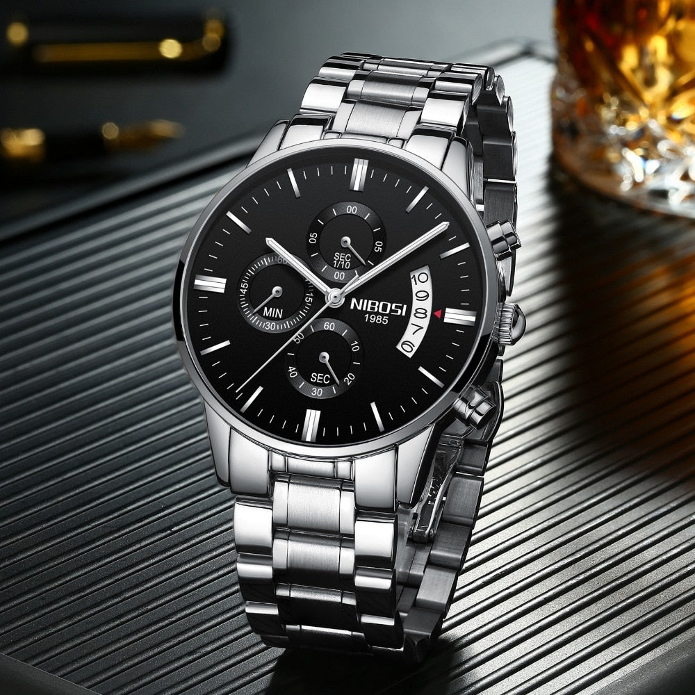 Relógio prata pulseira de aço Unisex Luxo NIBOSI 2309