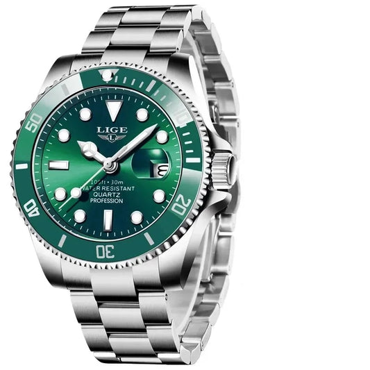 Relógio de aço inoxidável masculino verde LIGE