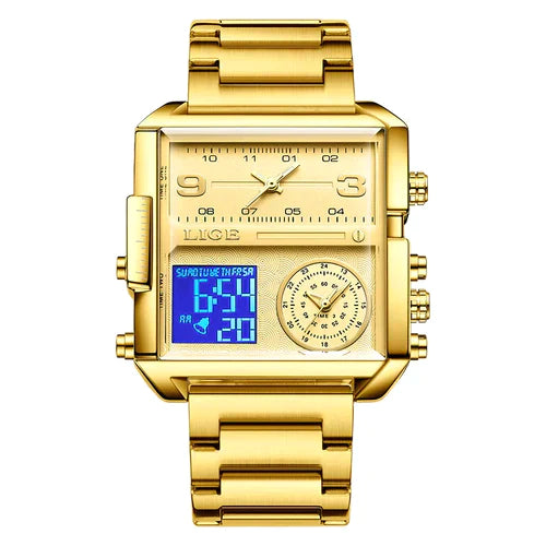 Relógio pulseira de aço dourado azul unisex luxo LIGE