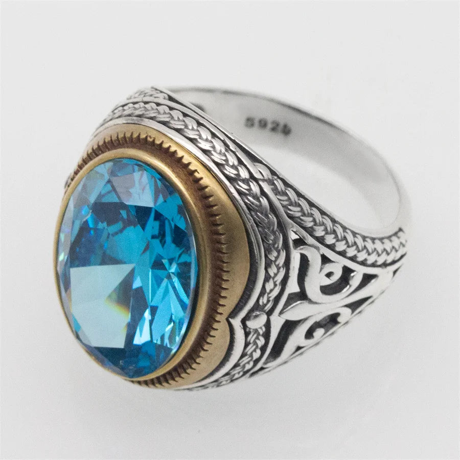 ANEL MASCULINO TURCO EM PRATA ESTERLINA 925 COM PEDRA DE ZICÔNIA AZUL