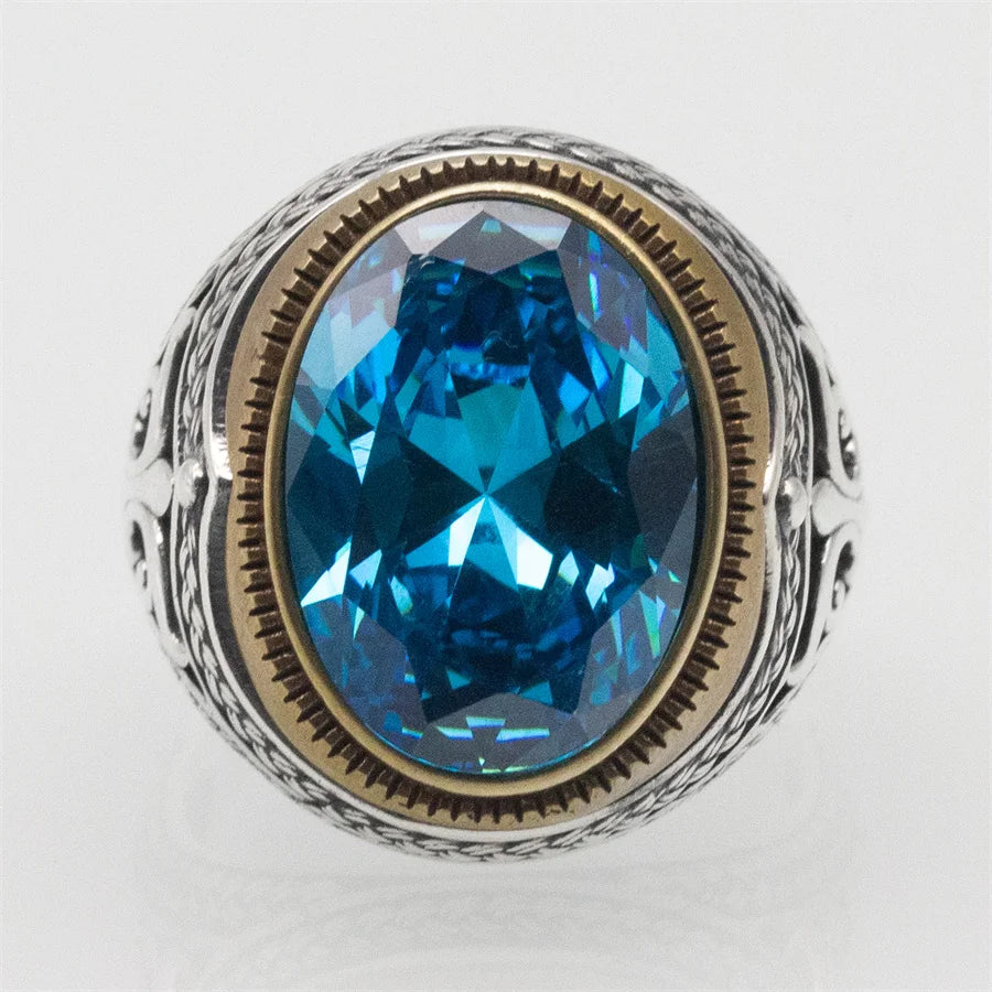 ANEL MASCULINO TURCO EM PRATA ESTERLINA 925 COM PEDRA DE ZICÔNIA AZUL