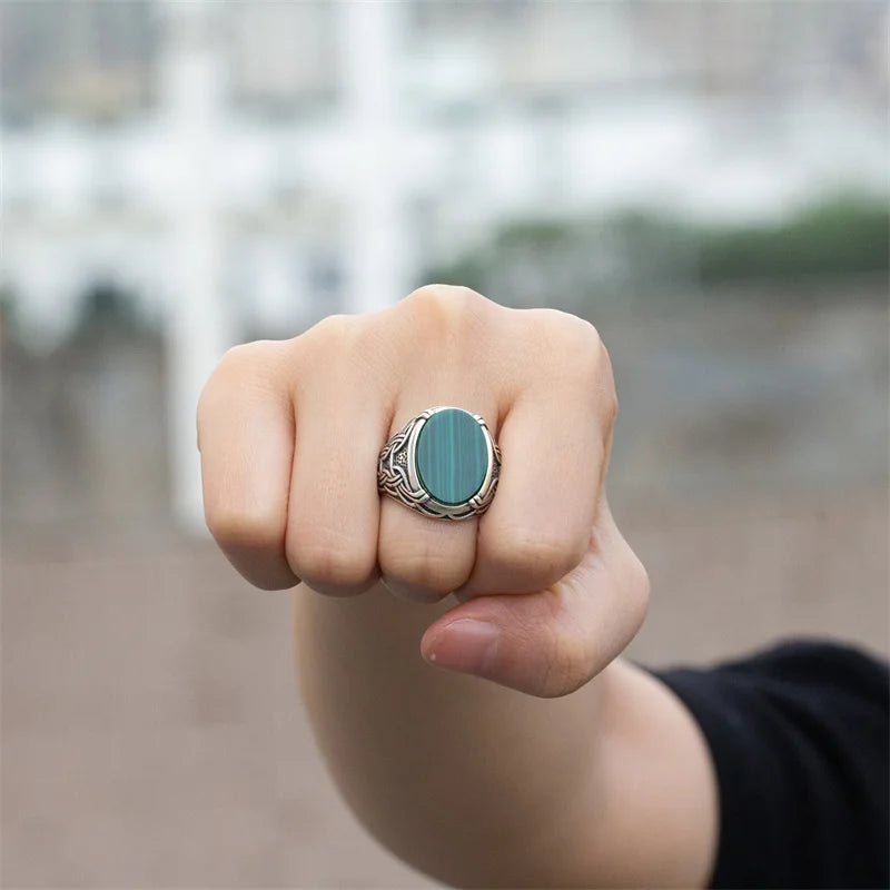 ANEL MASCULINO AJUSTÁVEL EM PRATA ESTERLINA 925 COM PEDRA MALAQUITA