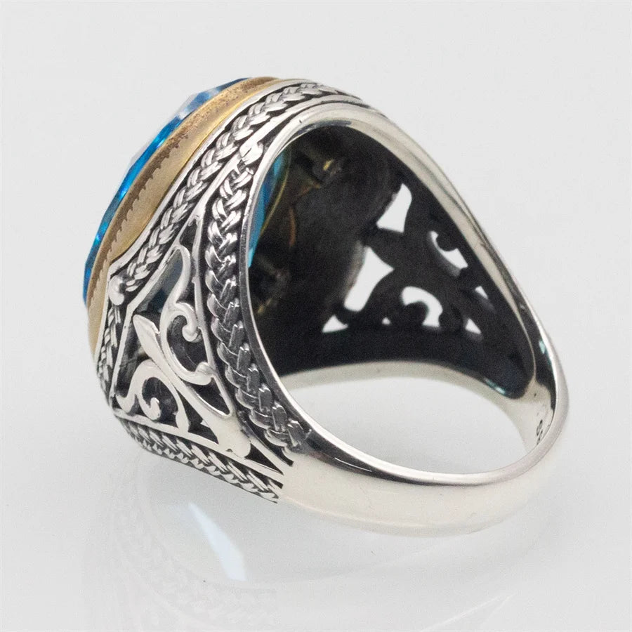 ANEL MASCULINO TURCO EM PRATA ESTERLINA 925 COM PEDRA DE ZICÔNIA AZUL
