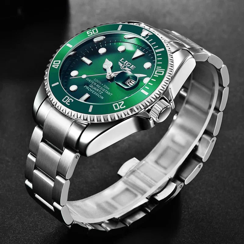 Relógio de aço inoxidável masculino verde LIGE