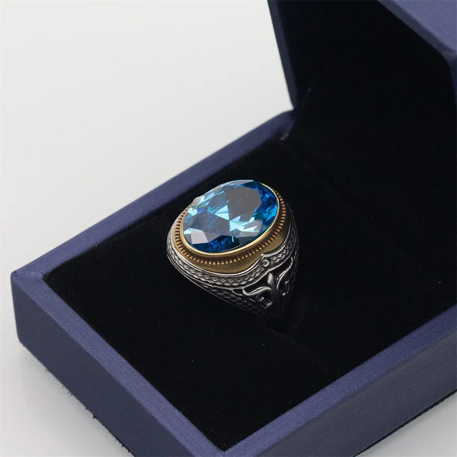 ANEL MASCULINO TURCO EM PRATA ESTERLINA 925 COM PEDRA DE ZICÔNIA AZUL