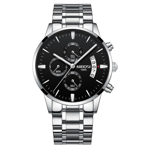 Relógio prata pulseira de aço Unisex Luxo NIBOSI 2309