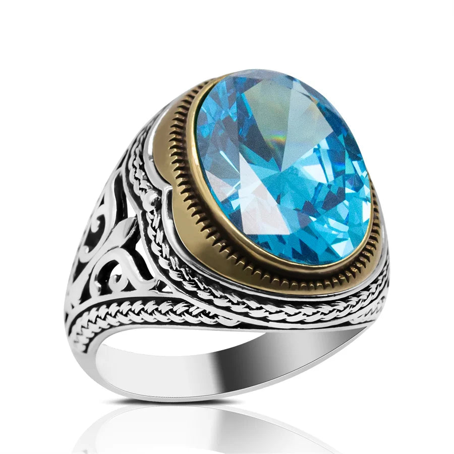 ANEL MASCULINO TURCO EM PRATA ESTERLINA 925 COM PEDRA DE ZICÔNIA AZUL