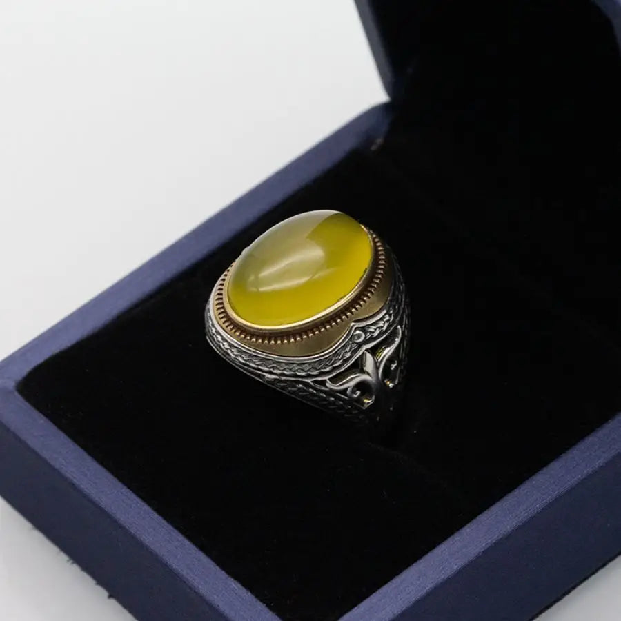 ANEL MASCULINO TURCO EM PRATA ESTERLINA 925 COM PEDRA ÁGATA AMARELA