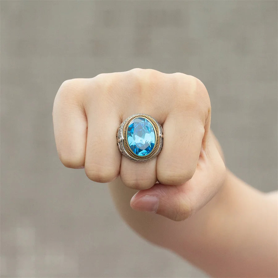 ANEL MASCULINO TURCO EM PRATA ESTERLINA 925 COM PEDRA DE ZICÔNIA AZUL
