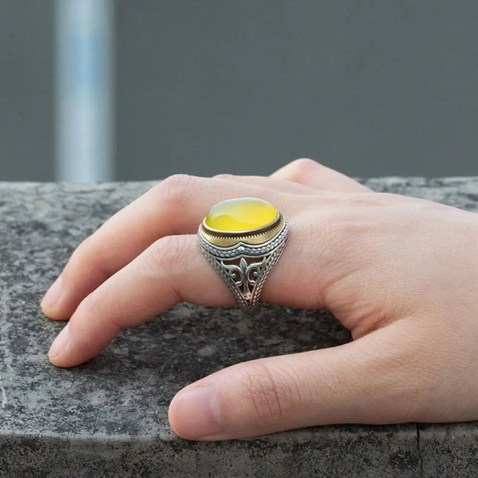 ANEL MASCULINO TURCO EM PRATA ESTERLINA 925 COM PEDRA ÁGATA AMARELA