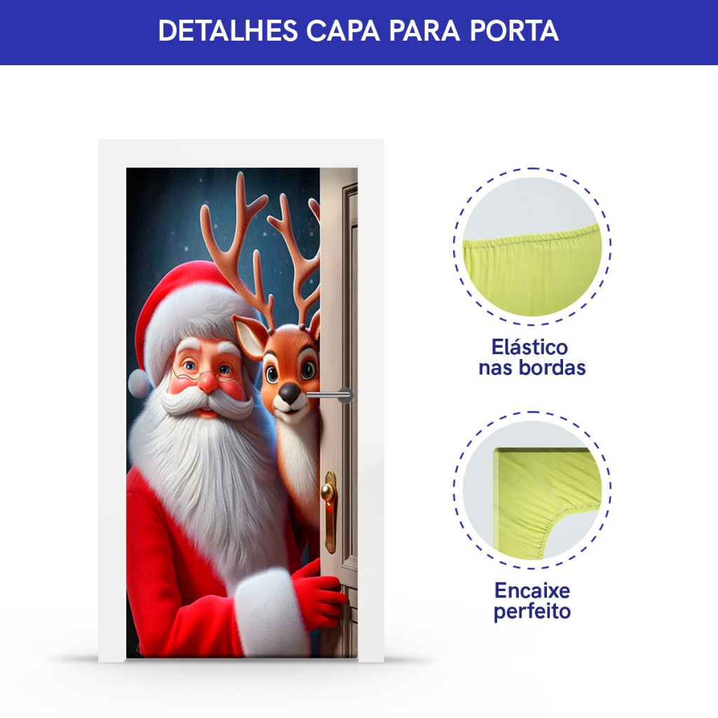 Capa Decorativa de Porta Sublimados C/ Elástico 0,75x2,10m Tema Feliz Natal