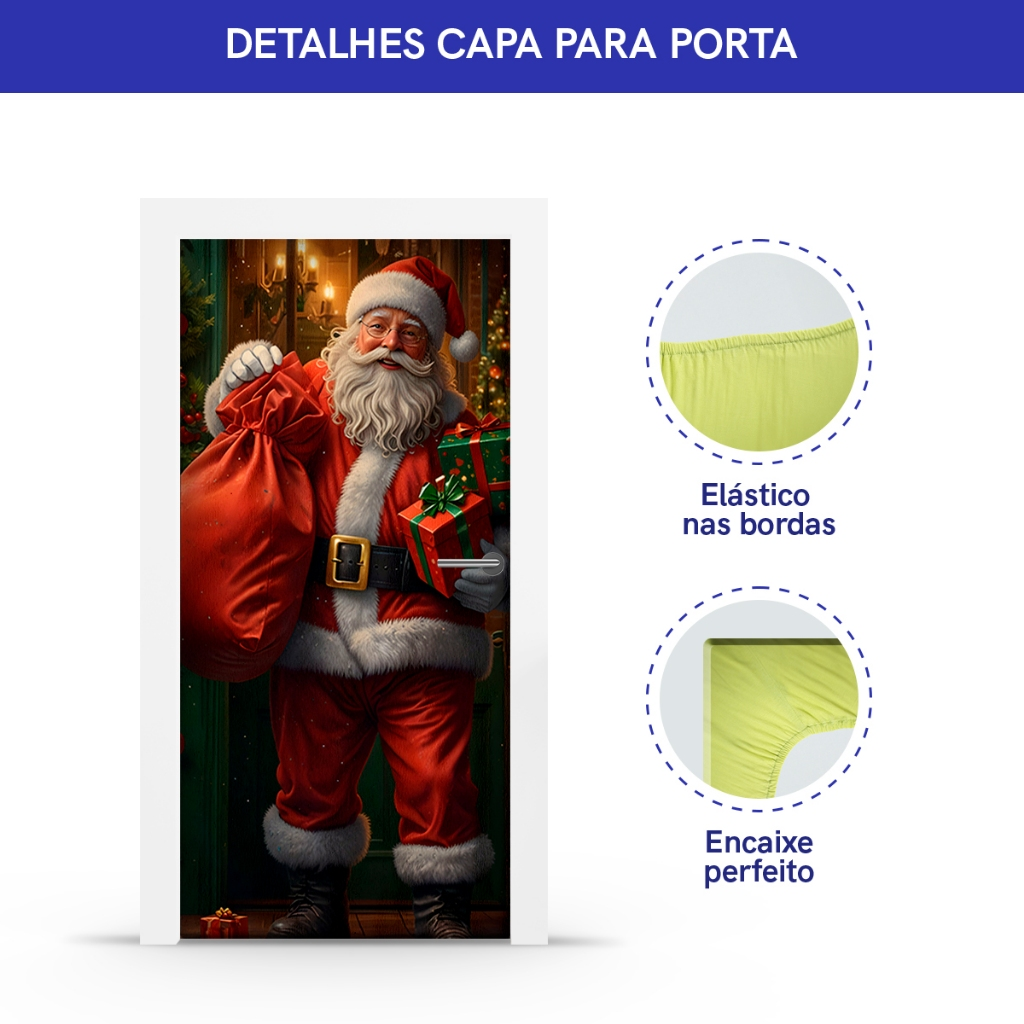 Capa Decorativa de Porta Sublimados C/ Elástico 0,75x2,10m Tema Feliz Natal