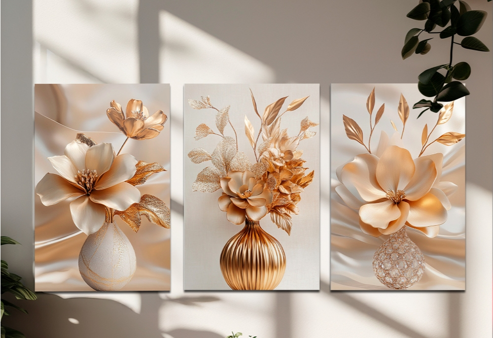 quadros decorativos 3 peças vasos de flores bege delicadas luxo gold para sala