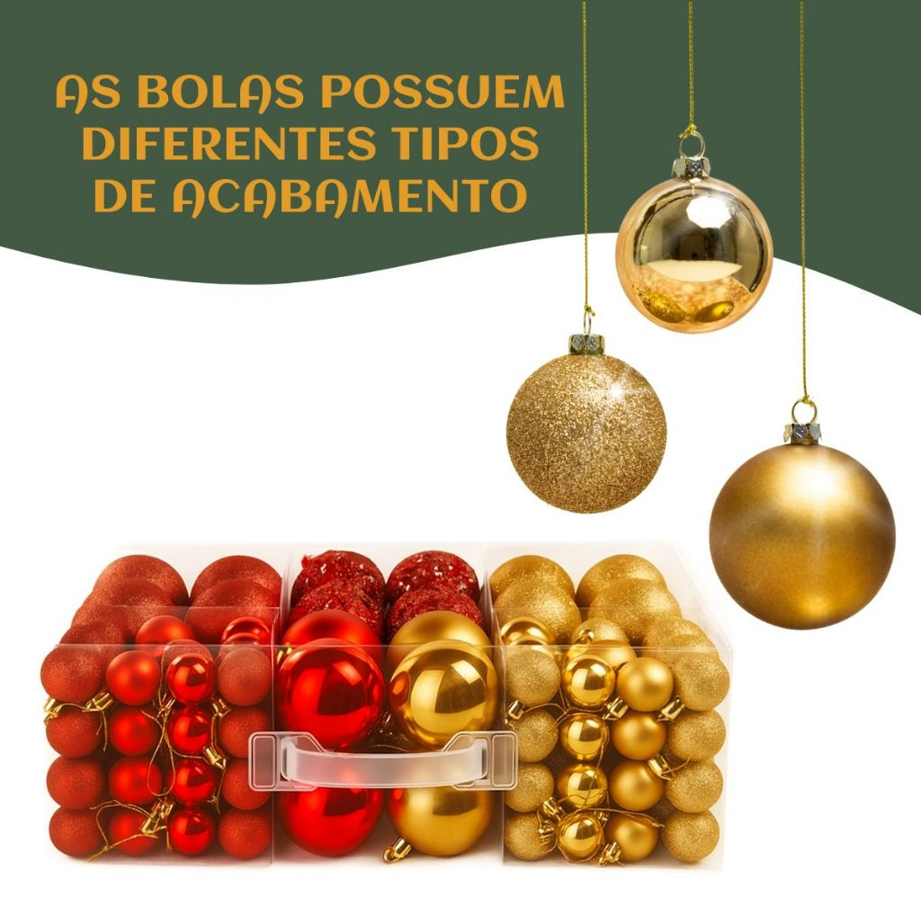 Kit 60/100 Bolas de Natal Mista Lisas Glitter Decoração Enfeite Árvore de Natal com Ponteira LuvinCo