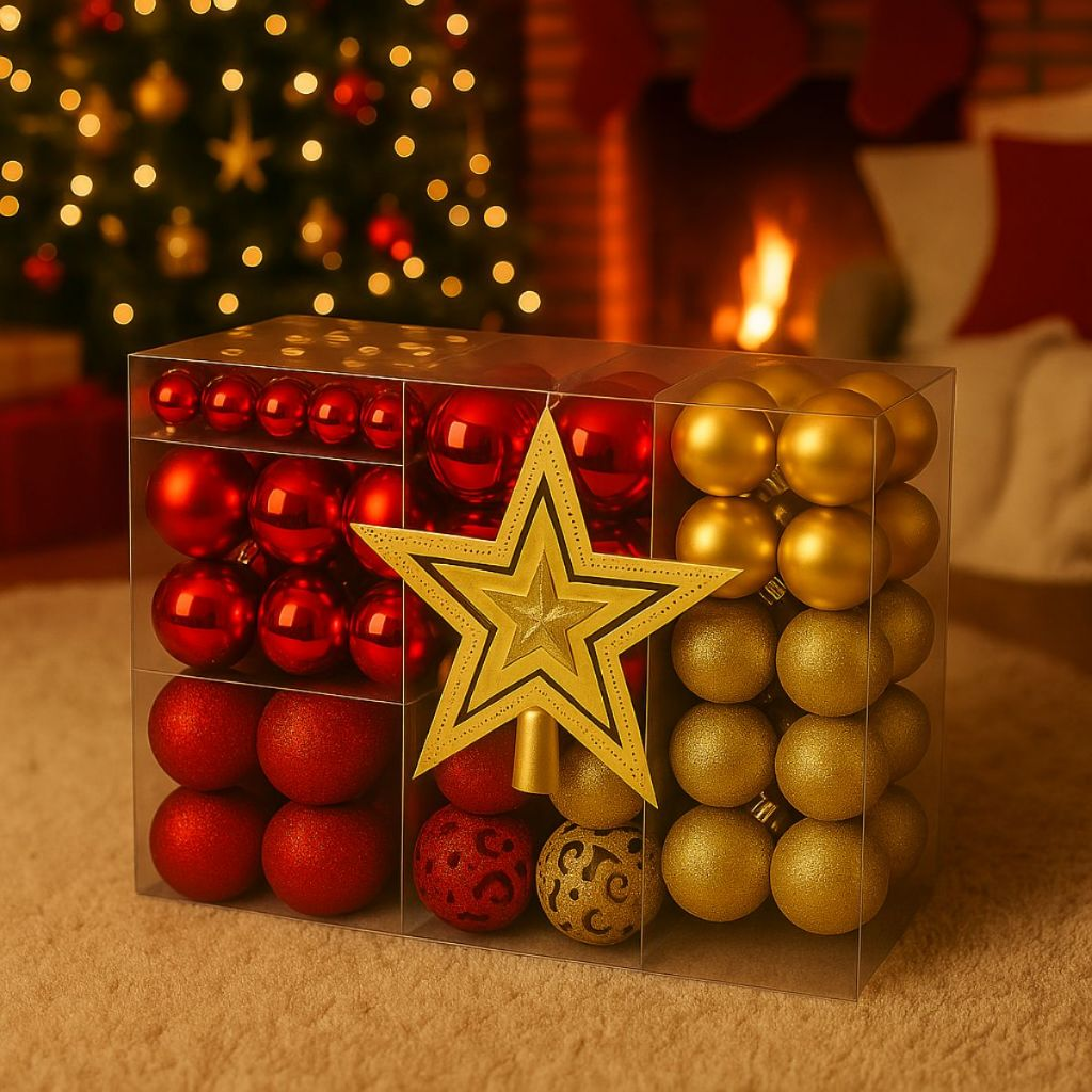 Kit 60/100 Bolas de Natal Mista Lisas Glitter Decoração Enfeite Árvore de Natal com Ponteira LuvinCo