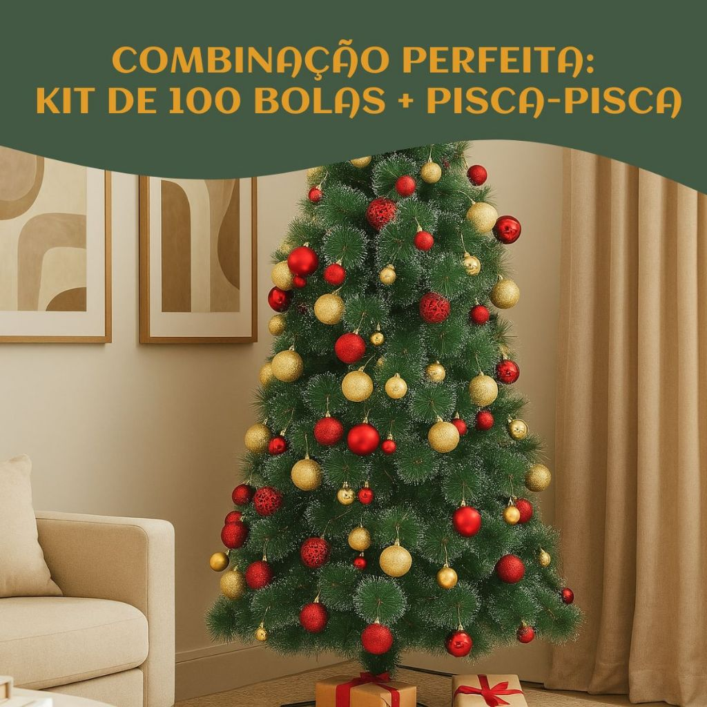 Kit 60/100 Bolas de Natal Mista Lisas Glitter Decoração Enfeite Árvore de Natal com Ponteira LuvinCo