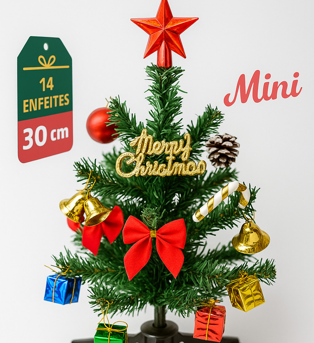 Mini Árvore de Natal 30cm de Mesa Decorada Enfeitada Lindos Enfeites Natalinos Pinheiro Verde Cheia