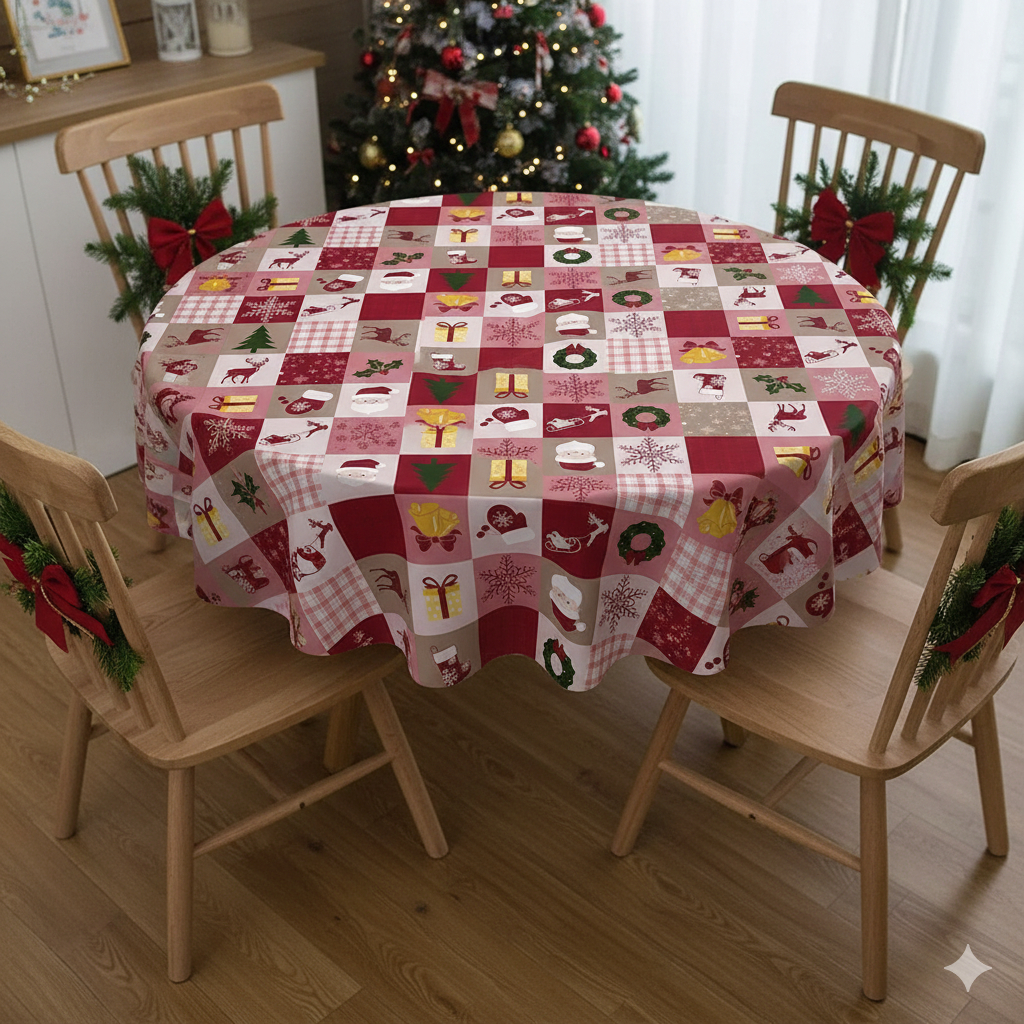 Toalha De Mesa Pvc Redonda 4 Lugares Térmica Impermeável Natal 1,40 Diâmetro