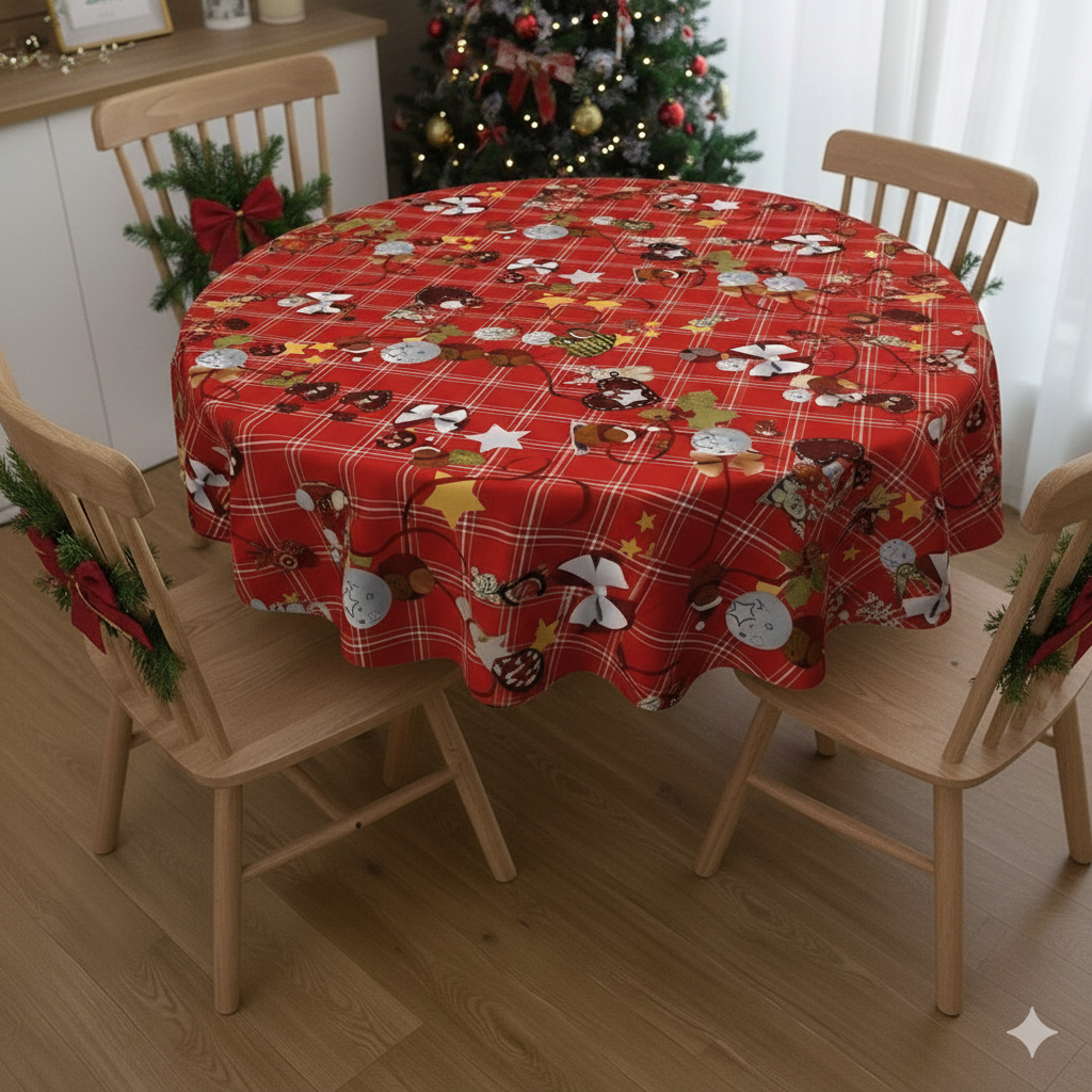 Toalha De Mesa Pvc Redonda 4 Lugares Térmica Impermeável Natal 1,40 Diâmetro