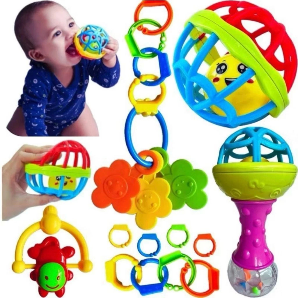 Kit Brinquedo Bebe Chocalho Mordedor Silicone Macio Bola Colorida 8 Peça Menina e Menino Móbile