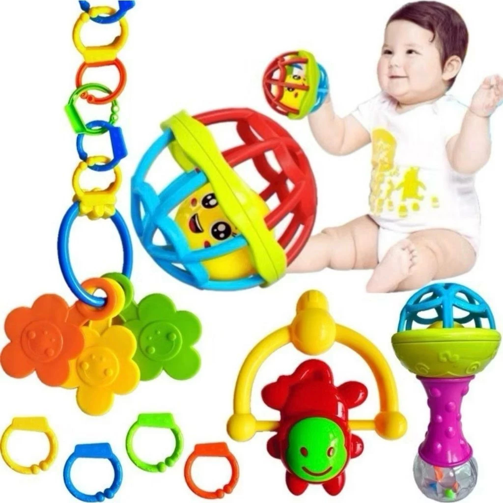 Kit Brinquedo Bebe Chocalho Mordedor Silicone Macio Bola Colorida 8 Peça Menina e Menino Móbile