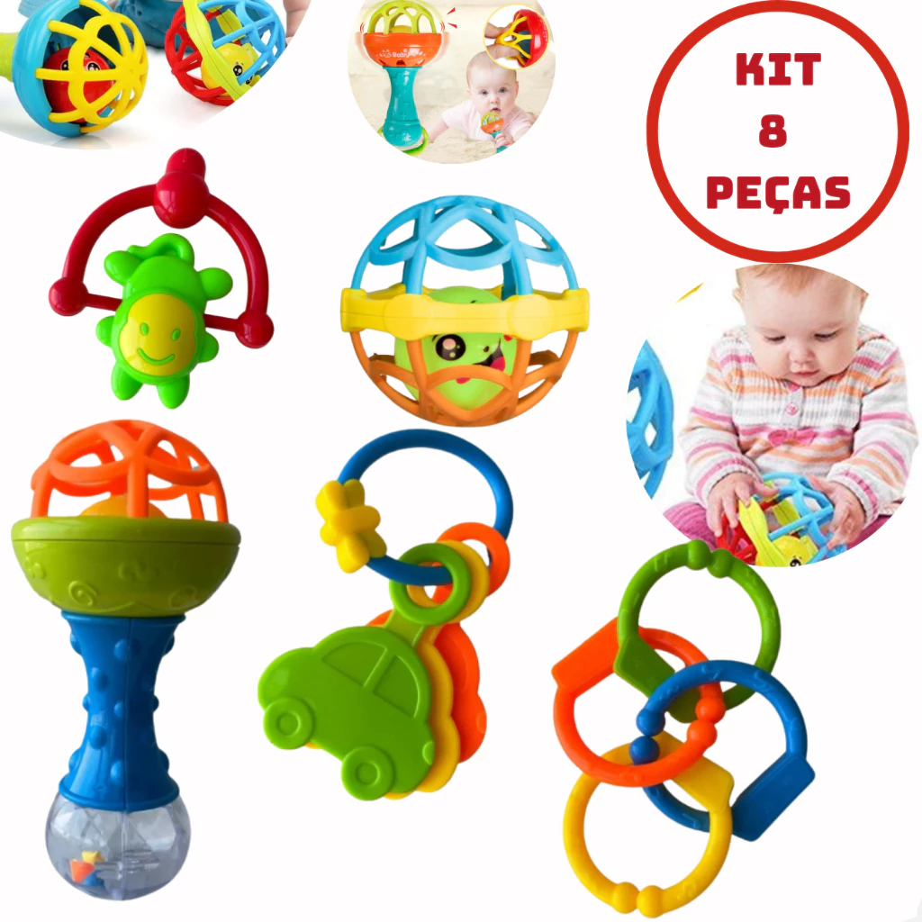 Kit Brinquedo Bebe Chocalho Mordedor Silicone Macio Bola Colorida 8 Peça Menina e Menino Móbile