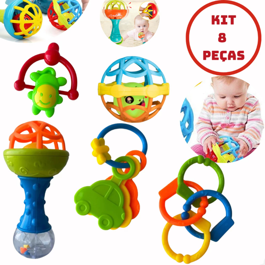 Kit Brinquedo Bebe Chocalho Mordedor Silicone Macio Bola Colorida 8 Peça Menina e Menino Móbile