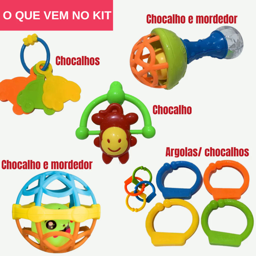 Kit Brinquedo Bebe Chocalho Mordedor Silicone Macio Bola Colorida 8 Peça Menina e Menino Móbile